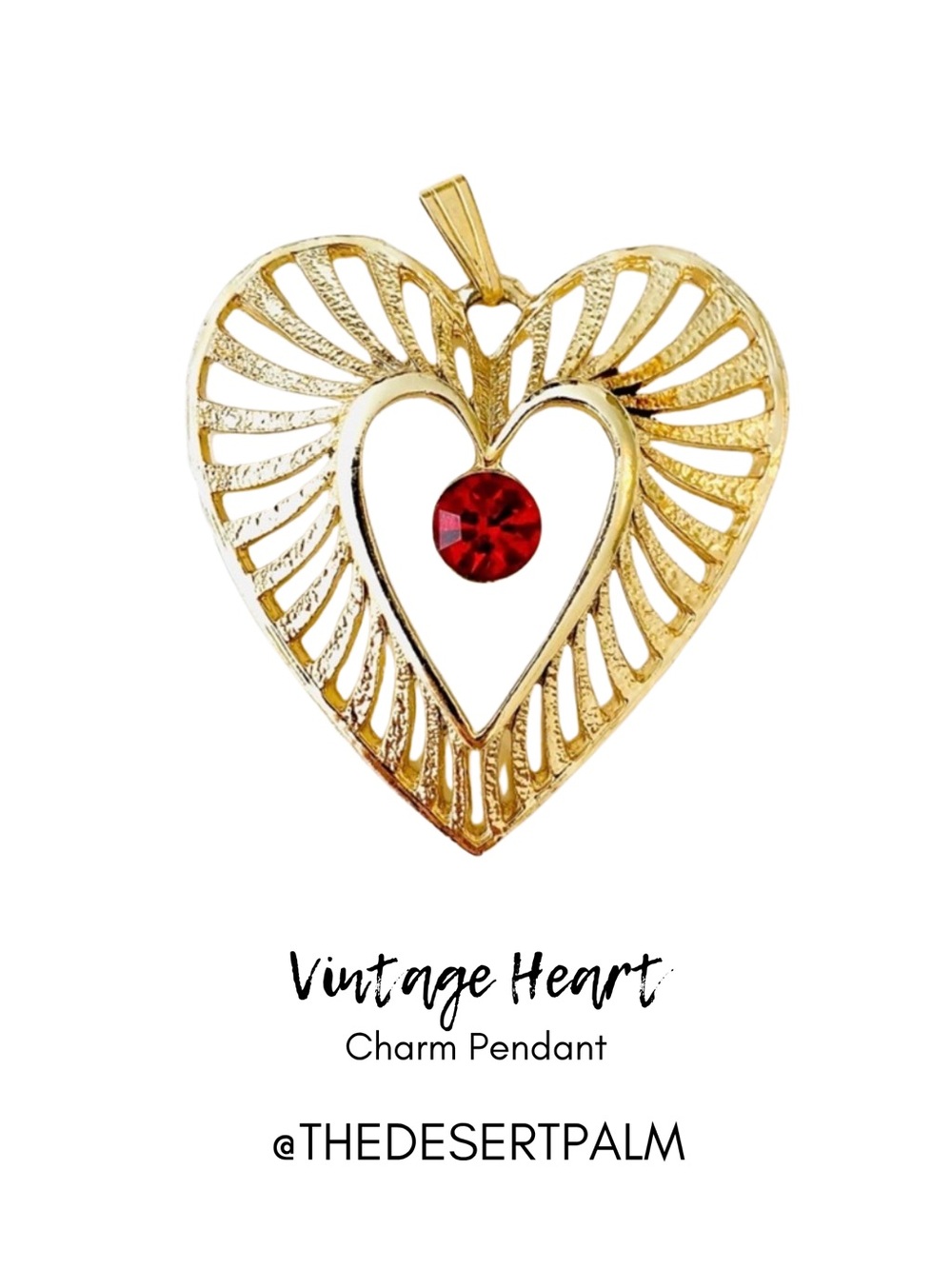 Vintage Gold Tone Heart Charm Red Pendant